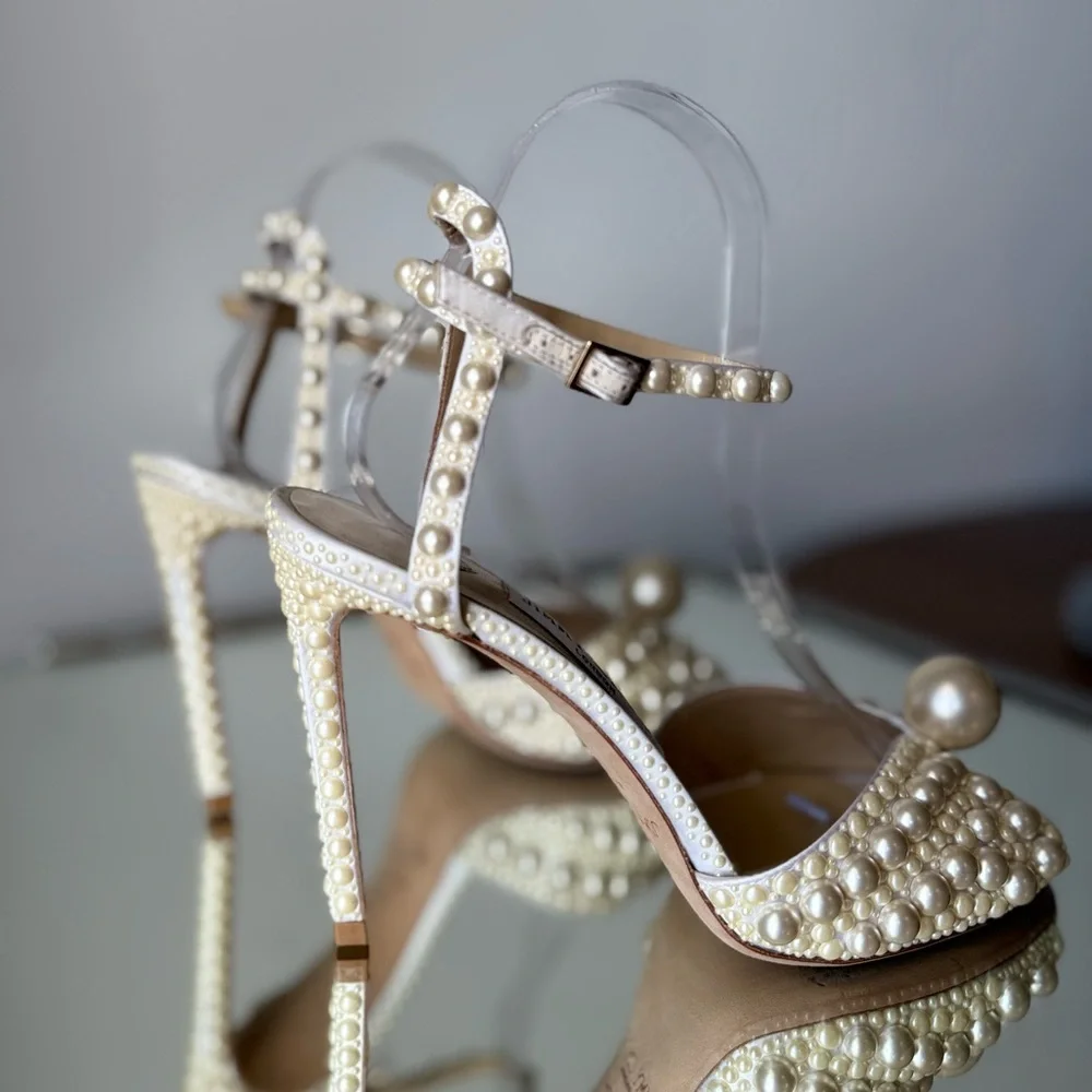 Like New Jimmy Choo Sacora 100 White Satin Sandals with All Over Pearls 38 - Picture 10 of 16